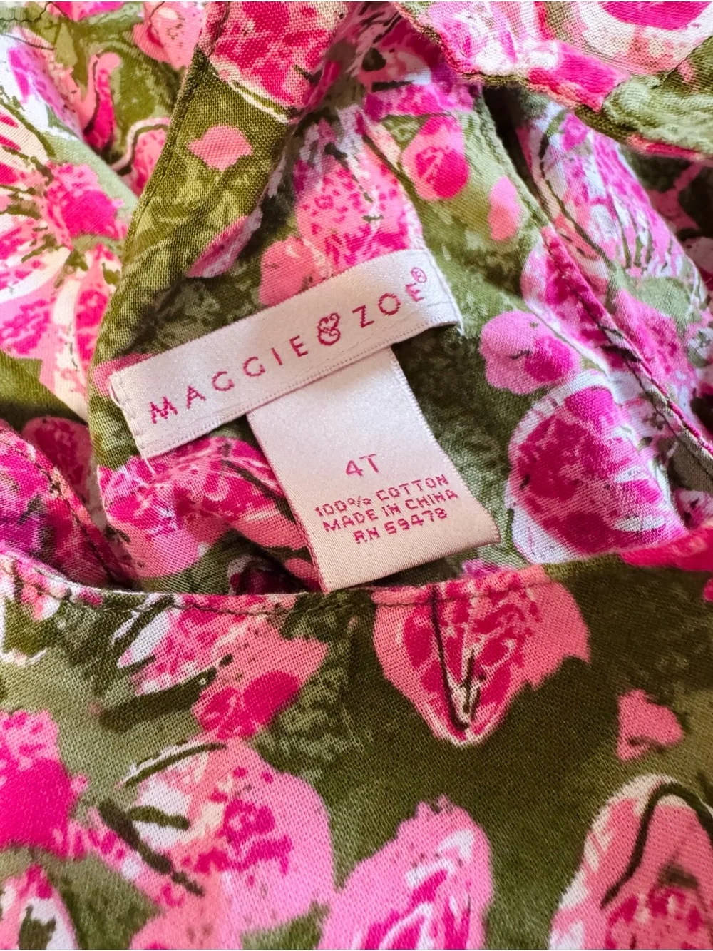 Vintage Rare Maggie & Zoe Olive Green & Hot Pink Floral Tiered Dress -Size: 4T